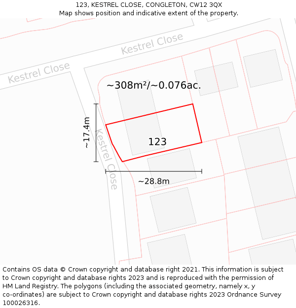 123, KESTREL CLOSE, CONGLETON, CW12 3QX: Plot and title map