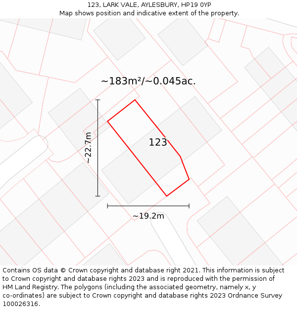 123, LARK VALE, AYLESBURY, HP19 0YP: Plot and title map