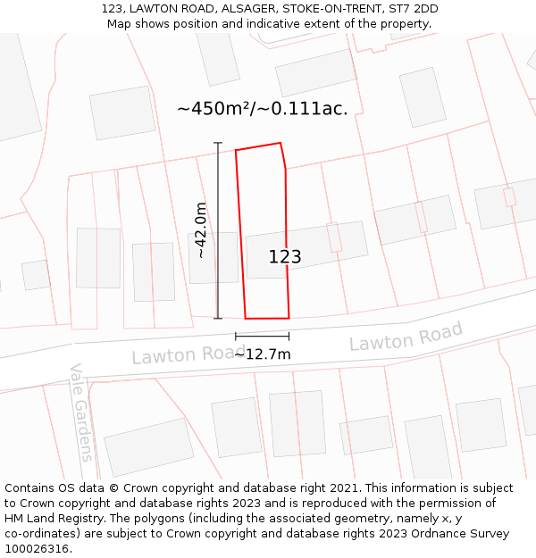 123, LAWTON ROAD, ALSAGER, STOKE-ON-TRENT, ST7 2DD: Plot and title map