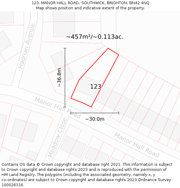 123, MANOR HALL ROAD, SOUTHWICK, BRIGHTON, BN42 4NQ: Plot and title map