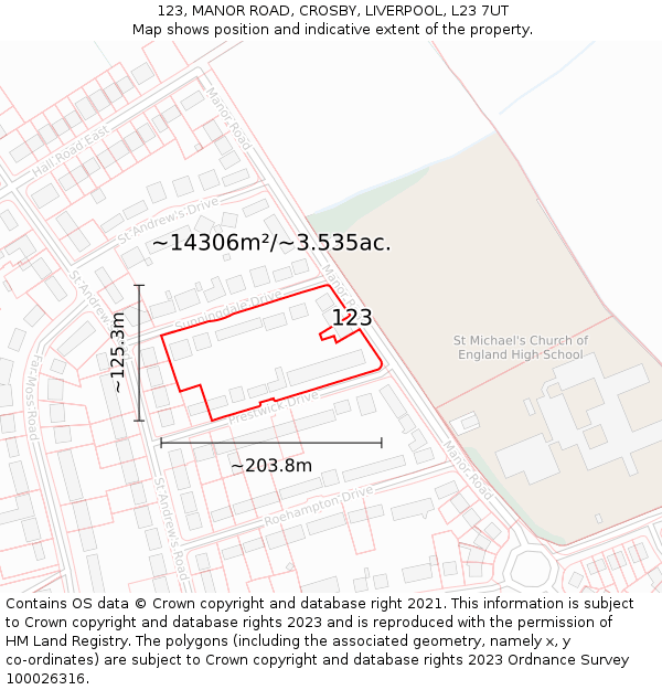123, MANOR ROAD, CROSBY, LIVERPOOL, L23 7UT: Plot and title map