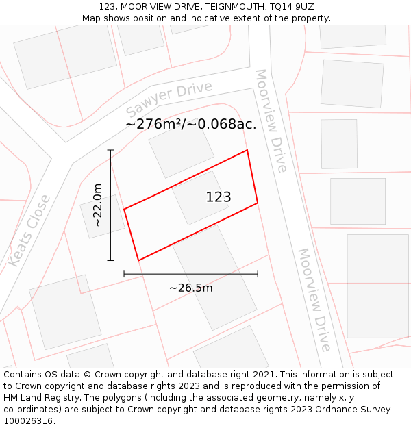 123, MOOR VIEW DRIVE, TEIGNMOUTH, TQ14 9UZ: Plot and title map