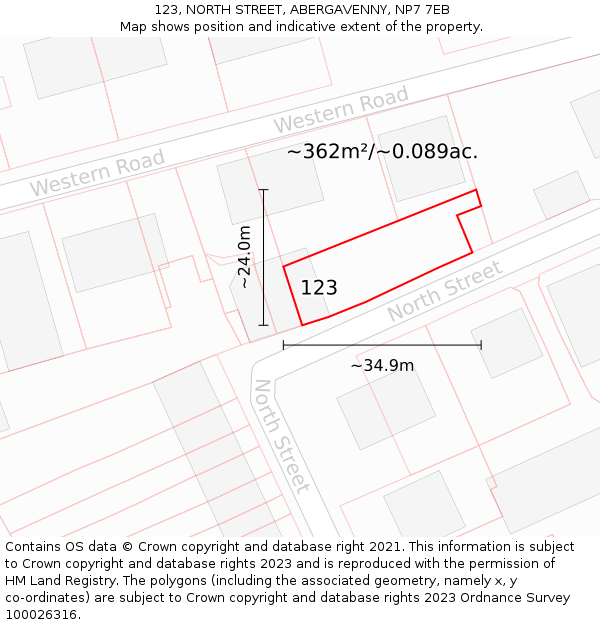 123, NORTH STREET, ABERGAVENNY, NP7 7EB: Plot and title map