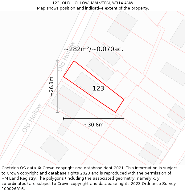 123, OLD HOLLOW, MALVERN, WR14 4NW: Plot and title map