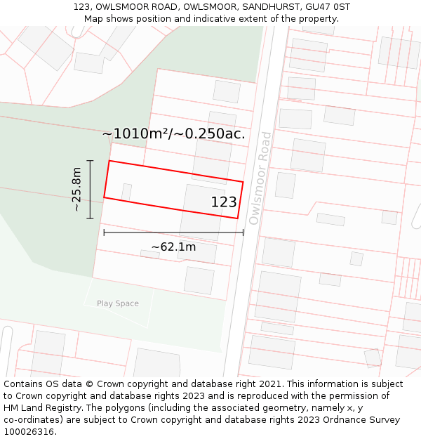 123, OWLSMOOR ROAD, OWLSMOOR, SANDHURST, GU47 0ST: Plot and title map