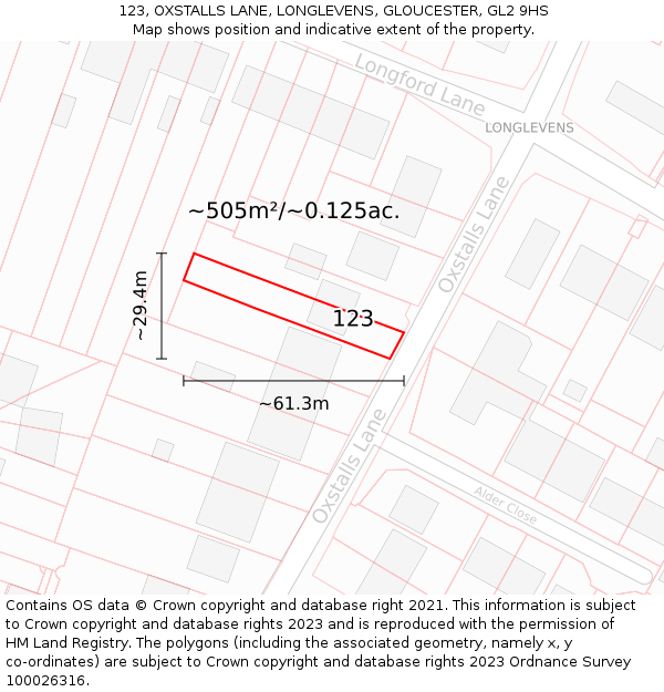 123, OXSTALLS LANE, LONGLEVENS, GLOUCESTER, GL2 9HS: Plot and title map