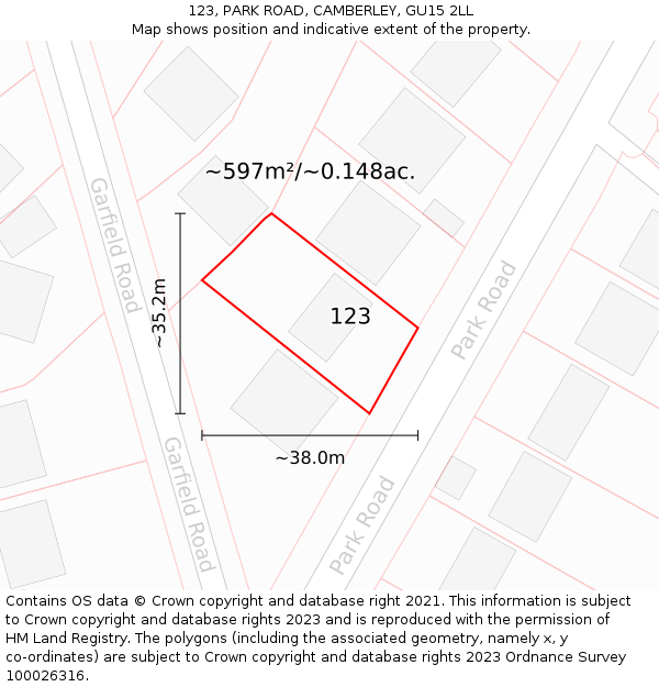 123, PARK ROAD, CAMBERLEY, GU15 2LL: Plot and title map