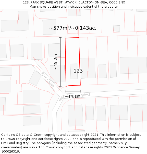 123, PARK SQUARE WEST, JAYWICK, CLACTON-ON-SEA, CO15 2NX: Plot and title map