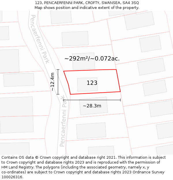 123, PENCAERFENNI PARK, CROFTY, SWANSEA, SA4 3SQ: Plot and title map