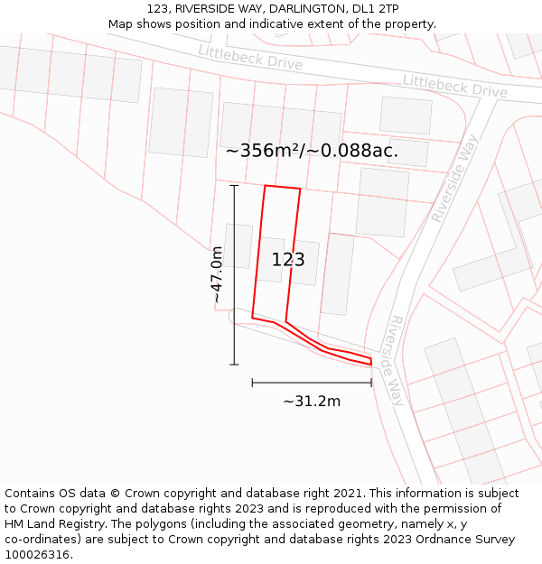 123, RIVERSIDE WAY, DARLINGTON, DL1 2TP: Plot and title map