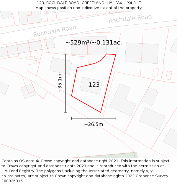 123, ROCHDALE ROAD, GREETLAND, HALIFAX, HX4 8HE: Plot and title map