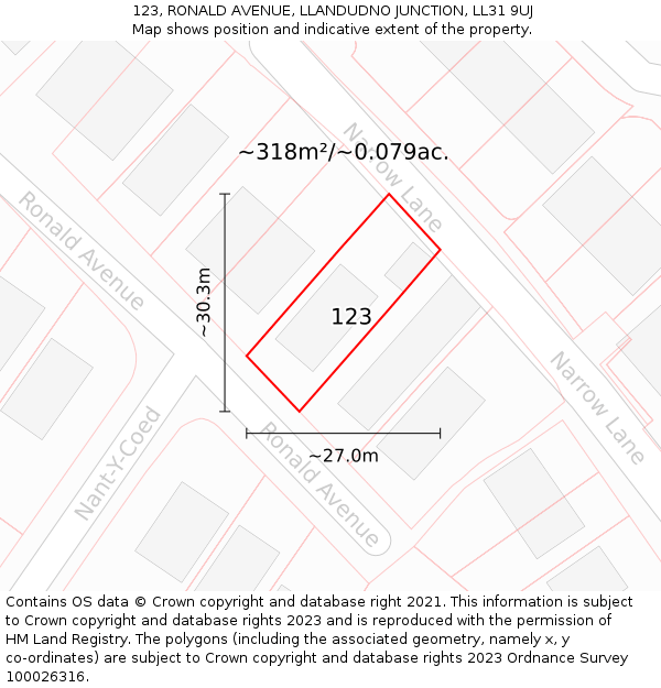 123, RONALD AVENUE, LLANDUDNO JUNCTION, LL31 9UJ: Plot and title map