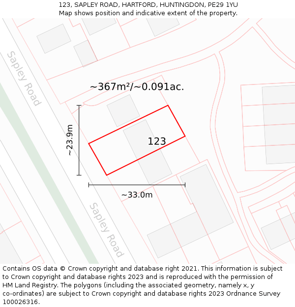 123, SAPLEY ROAD, HARTFORD, HUNTINGDON, PE29 1YU: Plot and title map