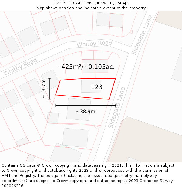 123, SIDEGATE LANE, IPSWICH, IP4 4JB: Plot and title map