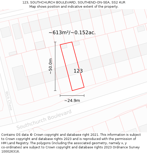 123, SOUTHCHURCH BOULEVARD, SOUTHEND-ON-SEA, SS2 4UR: Plot and title map
