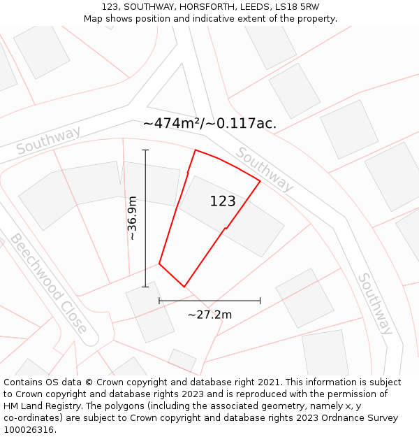 123, SOUTHWAY, HORSFORTH, LEEDS, LS18 5RW: Plot and title map