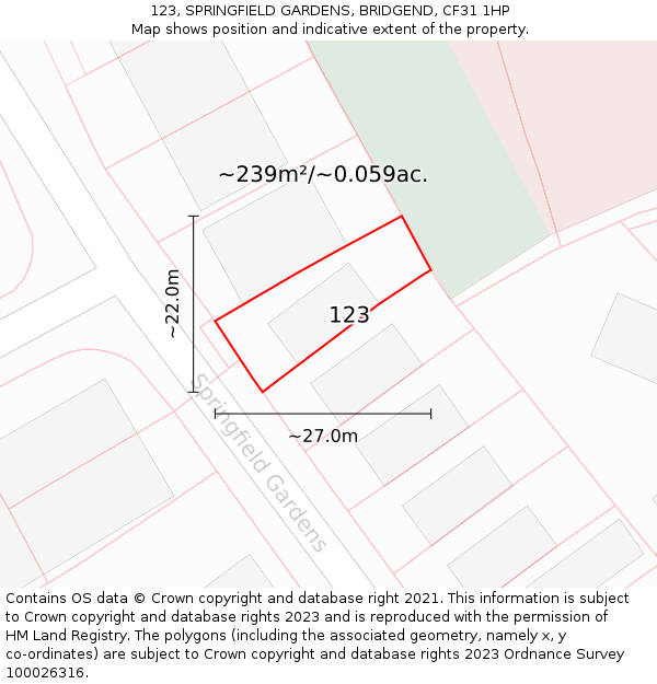 123, SPRINGFIELD GARDENS, BRIDGEND, CF31 1HP: Plot and title map