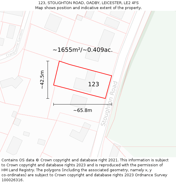 123, STOUGHTON ROAD, OADBY, LEICESTER, LE2 4FS: Plot and title map