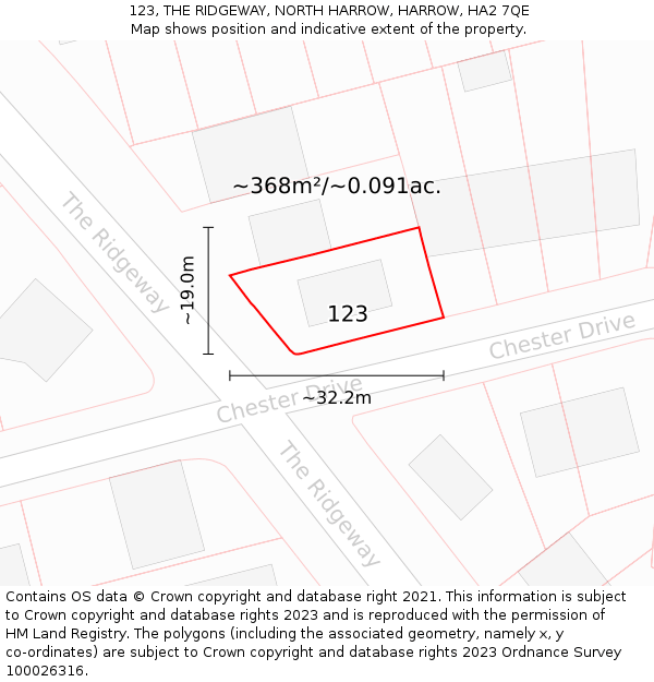 123, THE RIDGEWAY, NORTH HARROW, HARROW, HA2 7QE: Plot and title map