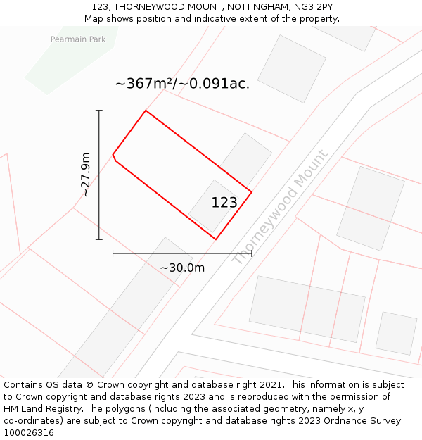 123, THORNEYWOOD MOUNT, NOTTINGHAM, NG3 2PY: Plot and title map