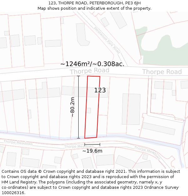 123, THORPE ROAD, PETERBOROUGH, PE3 6JH: Plot and title map