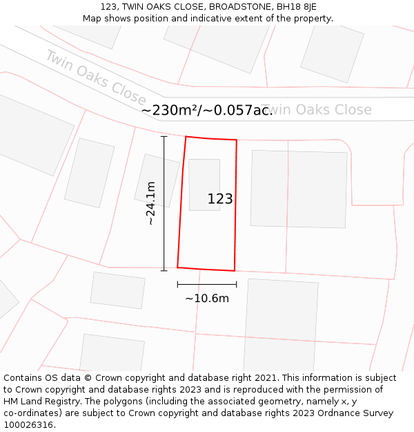 123, TWIN OAKS CLOSE, BROADSTONE, BH18 8JE: Plot and title map