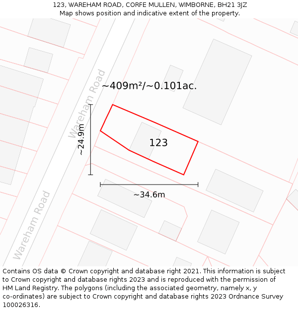 123, WAREHAM ROAD, CORFE MULLEN, WIMBORNE, BH21 3JZ: Plot and title map