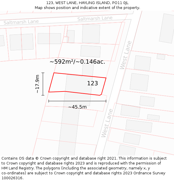 123, WEST LANE, HAYLING ISLAND, PO11 0JL: Plot and title map