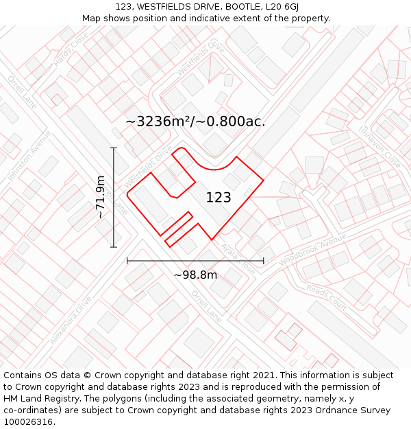 123, WESTFIELDS DRIVE, BOOTLE, L20 6GJ: Plot and title map