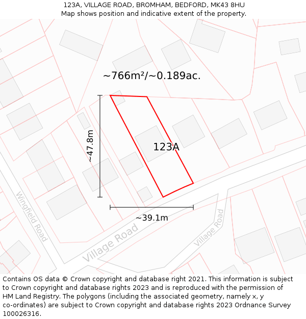 123A, VILLAGE ROAD, BROMHAM, BEDFORD, MK43 8HU: Plot and title map