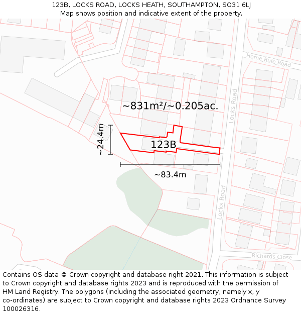 123B, LOCKS ROAD, LOCKS HEATH, SOUTHAMPTON, SO31 6LJ: Plot and title map