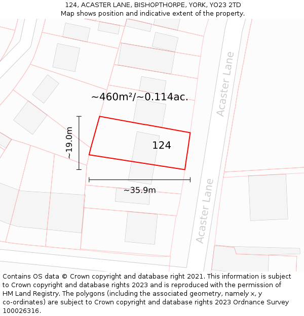 124, ACASTER LANE, BISHOPTHORPE, YORK, YO23 2TD: Plot and title map