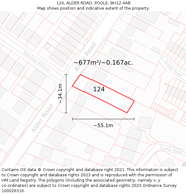 124, ALDER ROAD, POOLE, BH12 4AB: Plot and title map