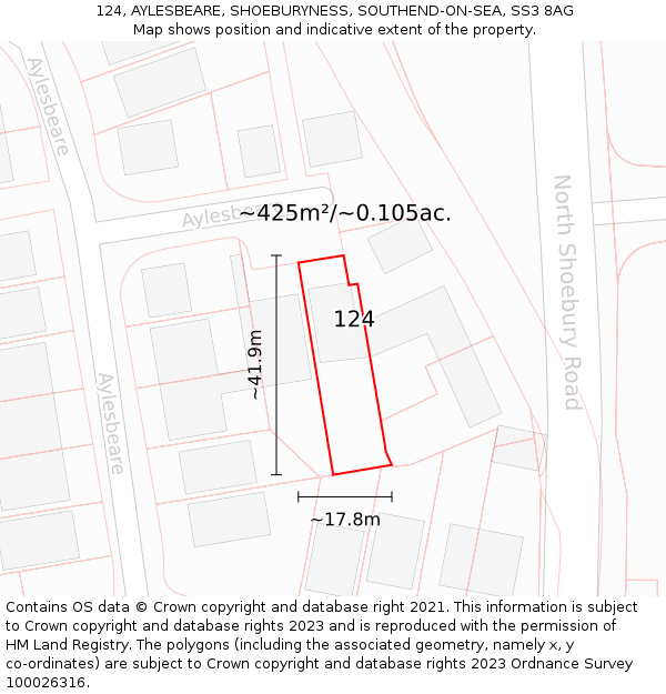 124, AYLESBEARE, SHOEBURYNESS, SOUTHEND-ON-SEA, SS3 8AG: Plot and title map