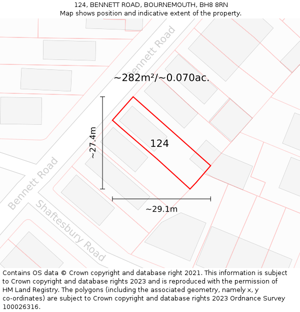 124, BENNETT ROAD, BOURNEMOUTH, BH8 8RN: Plot and title map