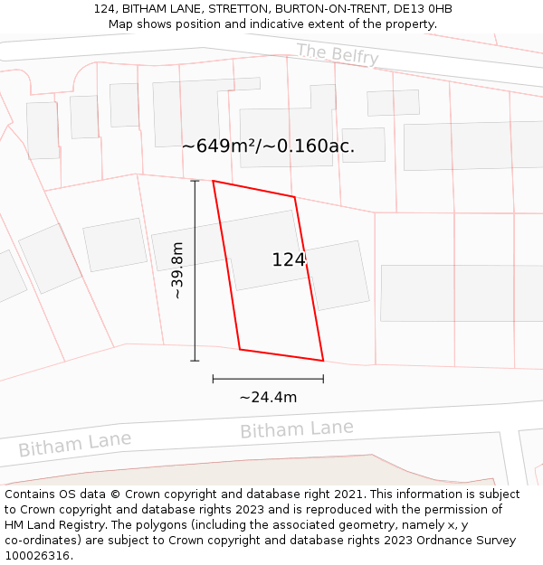 124, BITHAM LANE, STRETTON, BURTON-ON-TRENT, DE13 0HB: Plot and title map
