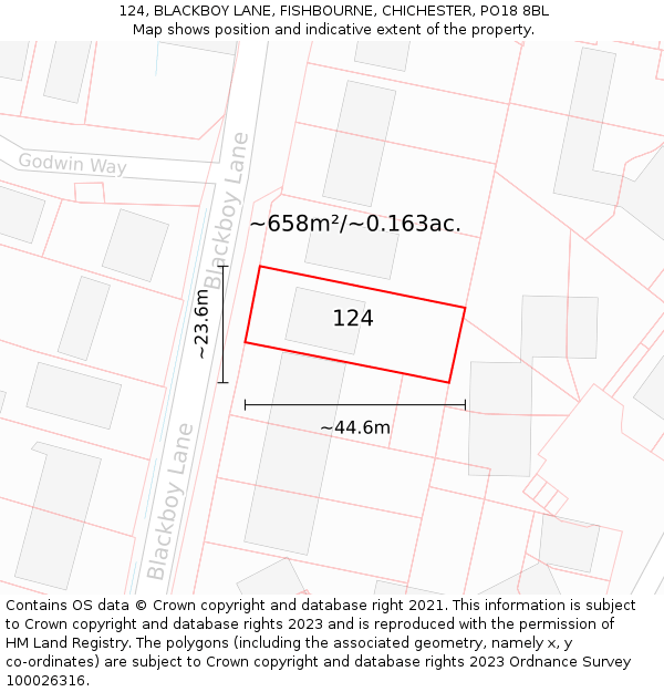 124, BLACKBOY LANE, FISHBOURNE, CHICHESTER, PO18 8BL: Plot and title map