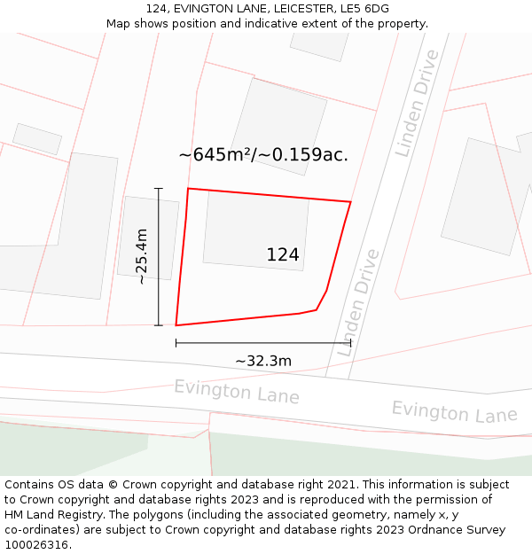 124, EVINGTON LANE, LEICESTER, LE5 6DG: Plot and title map