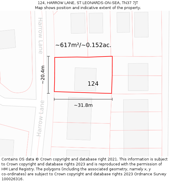 124, HARROW LANE, ST LEONARDS-ON-SEA, TN37 7JT: Plot and title map