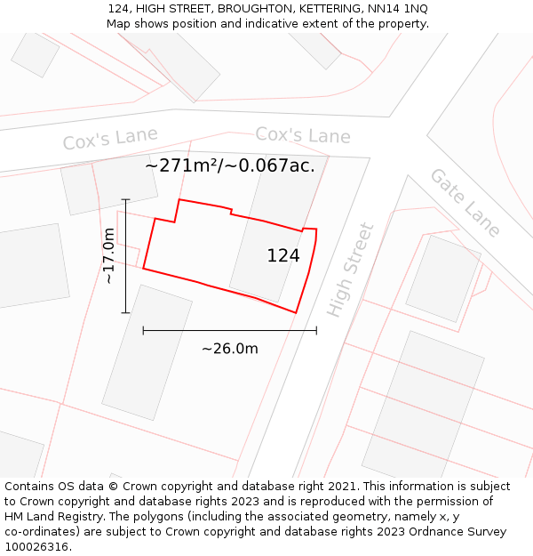 124, HIGH STREET, BROUGHTON, KETTERING, NN14 1NQ: Plot and title map