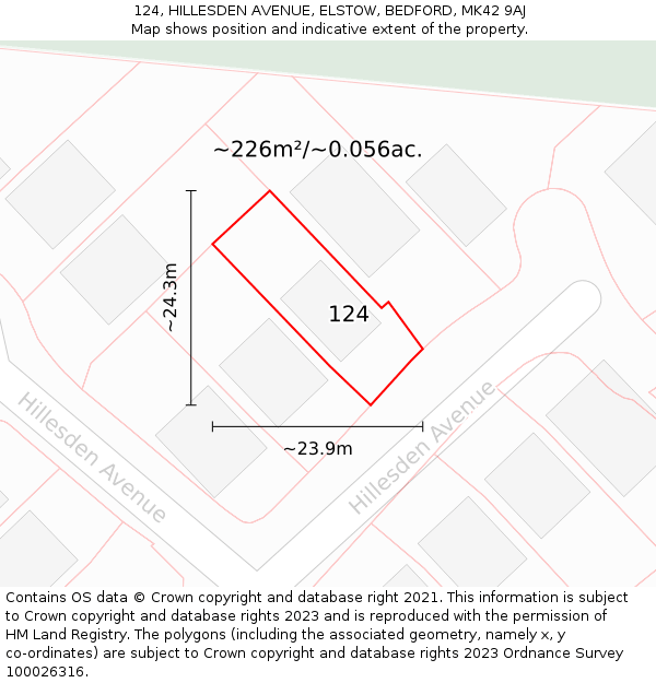 124, HILLESDEN AVENUE, ELSTOW, BEDFORD, MK42 9AJ: Plot and title map