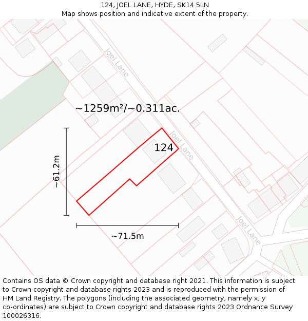 124, JOEL LANE, HYDE, SK14 5LN: Plot and title map