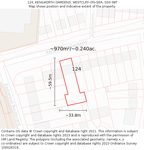 124, KENILWORTH GARDENS, WESTCLIFF-ON-SEA, SS0 0BT: Plot and title map