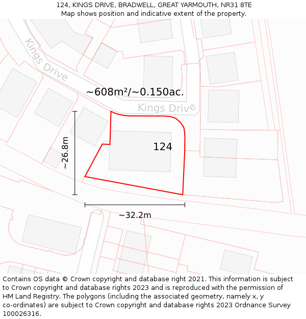 124, KINGS DRIVE, BRADWELL, GREAT YARMOUTH, NR31 8TE: Plot and title map