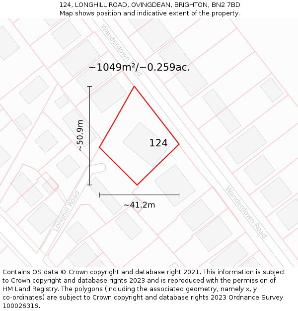 124, LONGHILL ROAD, OVINGDEAN, BRIGHTON, BN2 7BD: Plot and title map