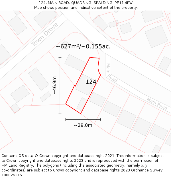 124, MAIN ROAD, QUADRING, SPALDING, PE11 4PW: Plot and title map