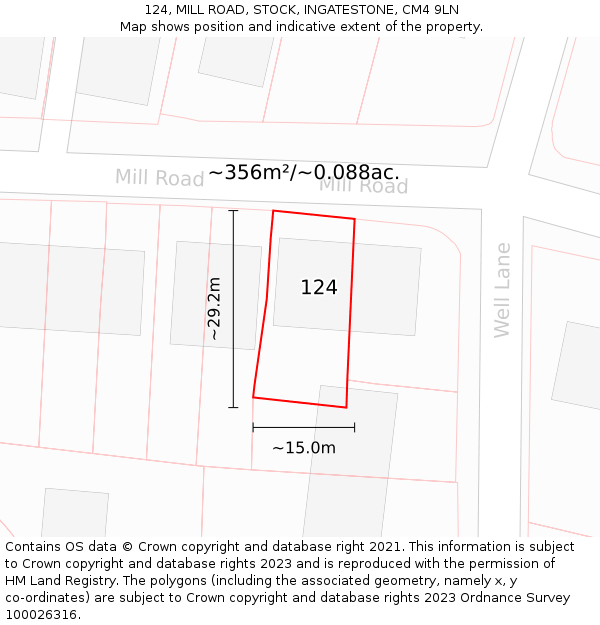 124, MILL ROAD, STOCK, INGATESTONE, CM4 9LN: Plot and title map