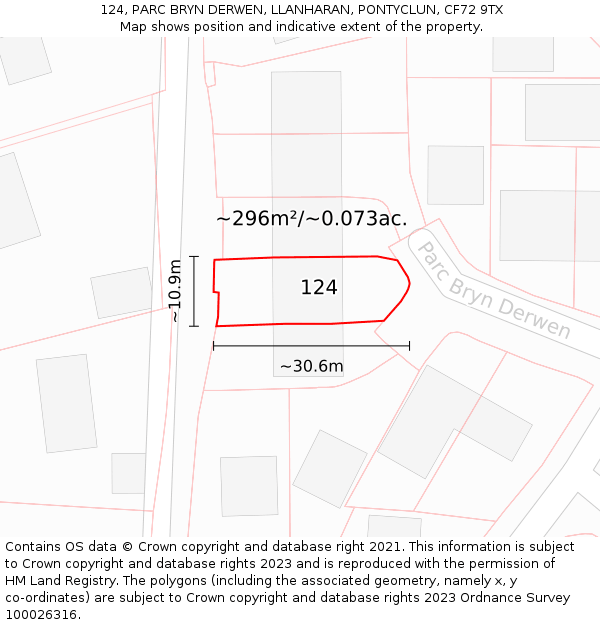 124, PARC BRYN DERWEN, LLANHARAN, PONTYCLUN, CF72 9TX: Plot and title map