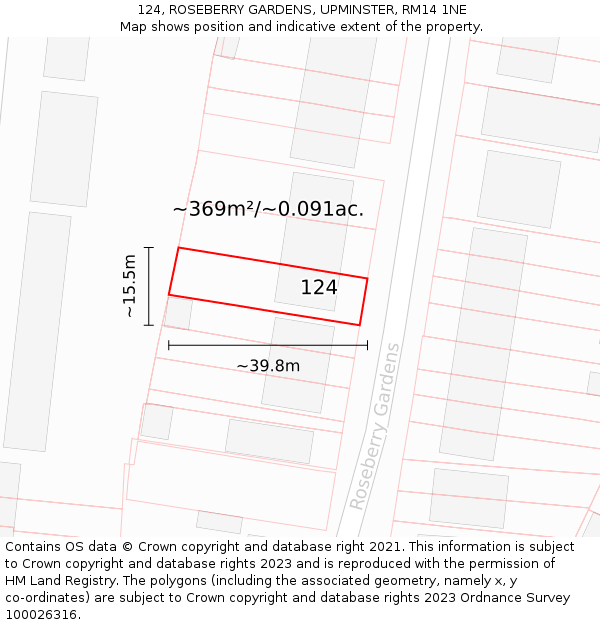 124, ROSEBERRY GARDENS, UPMINSTER, RM14 1NE: Plot and title map