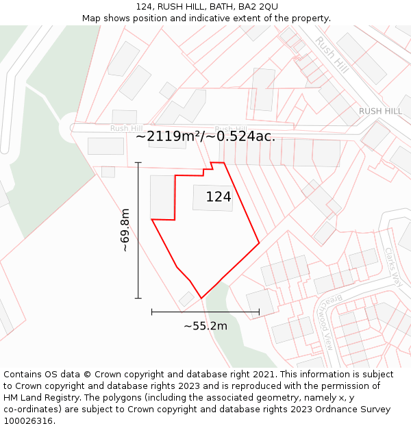 124, RUSH HILL, BATH, BA2 2QU: Plot and title map